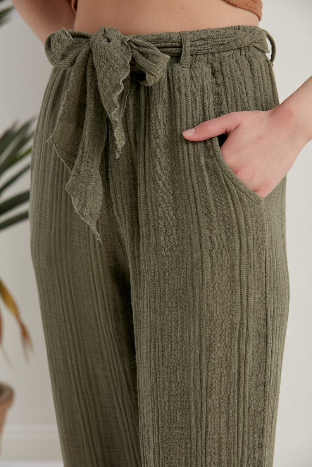 Straight Pull-On Pants In Plus Size In Cotton Gauze - Olive Oil Green